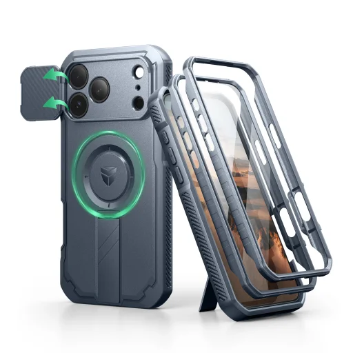 iPhone 17 Pro Max Dexnor MagSafe ütésálló 360 tok kihajtható állvánnyal és kameravédővel kék - 1
