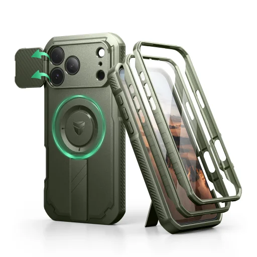 iPhone 17 Pro Max Dexnor MagSafe ütésálló 360 tok kihajtható állvánnyal és kameravédővel zöld - 5