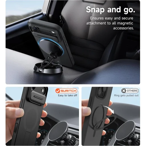 iPhone 17 Air Suritch MagSafe ütésálló tok kihajtható állvánnyal és kameravédővel fekete - 7