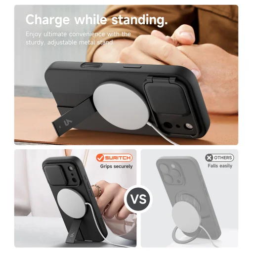 iPhone 17 Pro Max Suritch MagSafe ütésálló tok kihajtható állvánnyal és kameravédővel fekete - 6