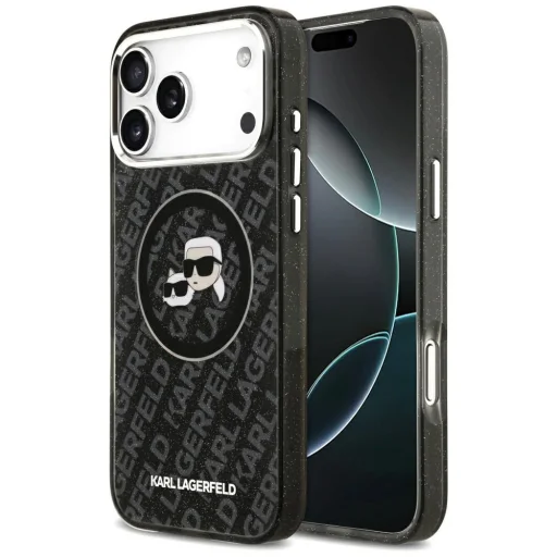 iPhone 17 Pro Max Karl Lagerfeld IML Glitter Karl & Choupette Logo hláv MagSafe čierny kryt - 1
