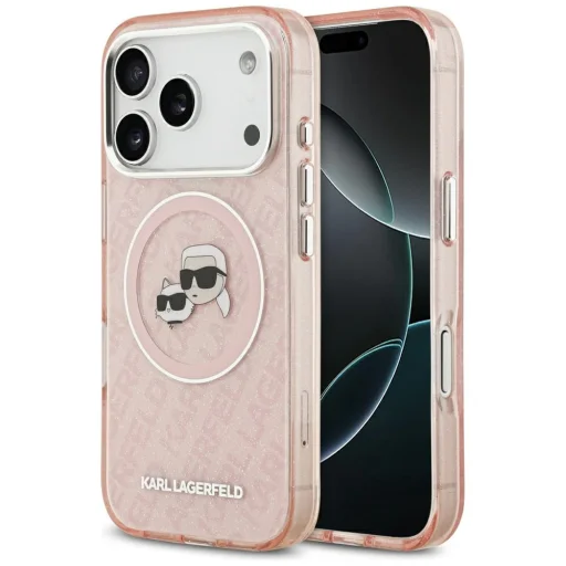 iPhone 17 Pro Karl Lagerfeld IML Glitter Karl & Choupette Fejek Logó MagSafe tok Rózsaszín tok, - 1