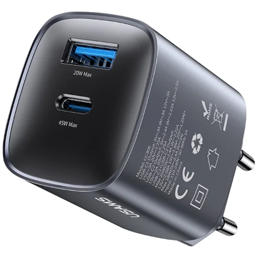 USAMS CC290 T66 45W GaN 1xUSB-A 1xUSB-C töltő, ezüst - 2