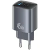 USAMS CC290 T66 45W GaN 1xUSB-A 1xUSB-C hálózati töltő adapter, sötétszürke thumbnail