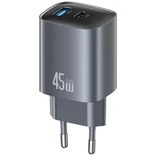 USAMS CC290 T66 45W GaN 1xUSB-A 1xUSB-C hálózati töltő adapter, sötétszürke
