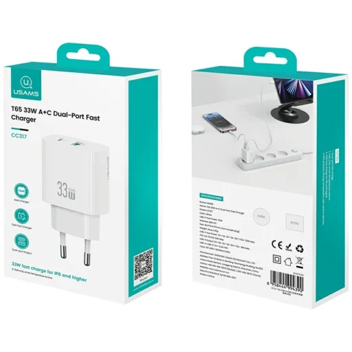 USAMS CC317 T65 33W fali töltő 1xUSB-C 1xUSB-A Gyors töltés fehér - 2