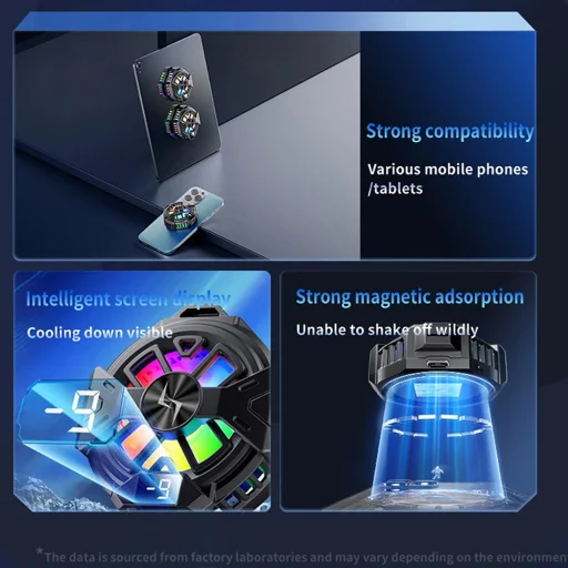 iOS és Android Fekete Techsuit - Phone Cooler (P60) - Mágneses, RGB Fények, Hőmérséklet Kijelző, Alacsony zajszint, Két sebesség - 5