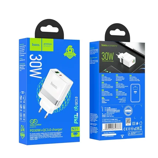 HOCO travel charger USB A + Typ C PD QC3.0 3A 30W N21 fehér - 9