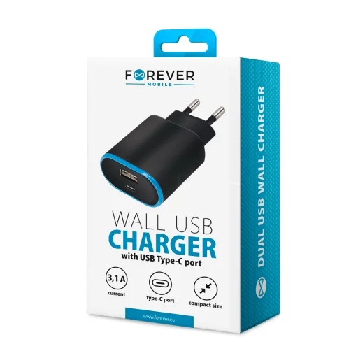 Forever TC-03 hálózati töltő 1x USB 1x USB-C 3,1A fekete - 6