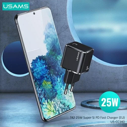 USAMS T42 mini 25W (csak fej) Super SI 5V-3A PD3.0 Gyors Töltés fekete CC1 hálózati USB-C töltő adapter - 4