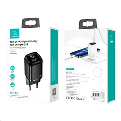 USAMS fali töltő 1xUSB-C + 1xUSB T46 33W (csak fej) PD3.0 + QC3.0 Gyors töltés fekete CC152TC01 - 10