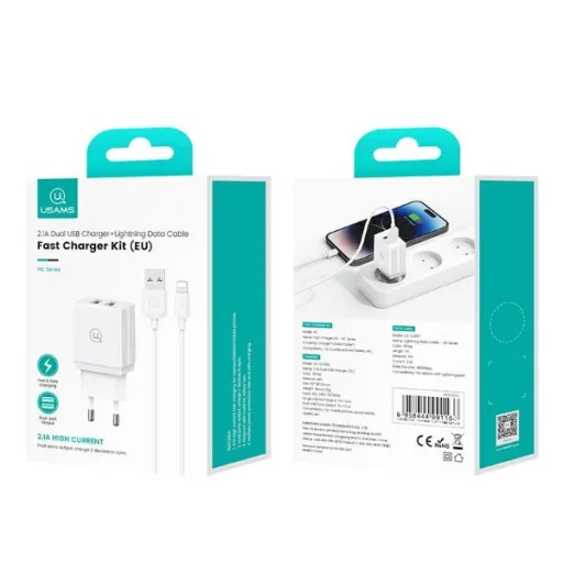 USAMS Töltő 2xUSB 18W + Lightning/USB-A kábel Gyors Töltés fehér sorozat HC HCXLTZ01 - 8