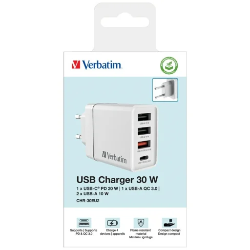 Verbatim 30W Fali Töltő 3xUSB-A/USB-C PD 3.0 CHR-30EU2 fehér - 5