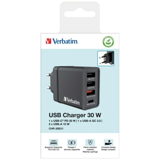 Verbatim 30W fali töltő 3xUSB-A/USB-C PD 3.0 CHR-30EU2 fekete 49700 - 4