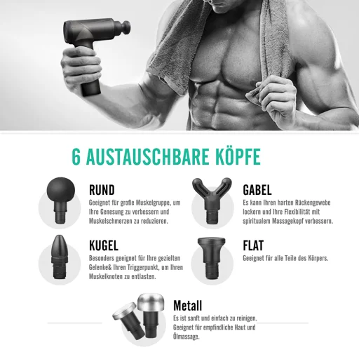 Nekteck Massage Gun (A03-MG01-GYRU) - Vezeték nélküli, 6000mAh, 5 sebességfokozat, 6 cserélhető masszázsfej, 10 perces időzítő - Fekete - 3