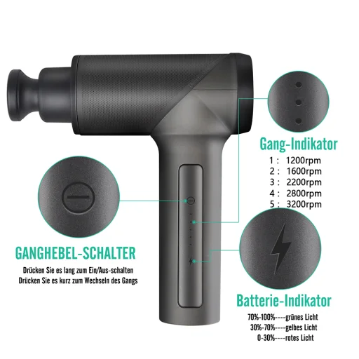 Nekteck Massage Gun (A03-MG01-GYRU) - Vezeték nélküli, 6000mAh, 5 sebességfokozat, 6 cserélhető masszázsfej, 10 perces időzítő - Fekete - 4