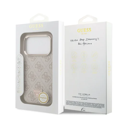  iPhone 17 Pro Rózsaszín Guess PU Bőr 4G Strass Hármas Logo Arany Keret MagSafe Tok - 7