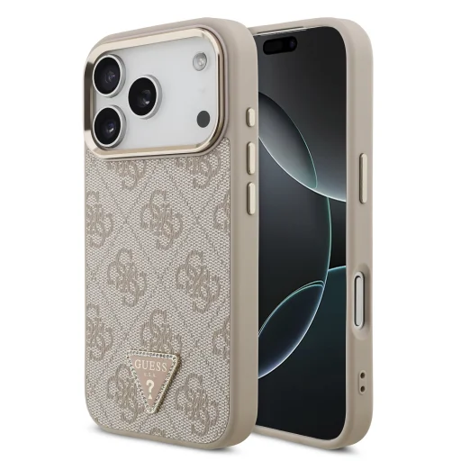  iPhone 17 Pro Rózsaszín Guess PU Bőr 4G Strass Hármas Logo Arany Keret MagSafe Tok - 1