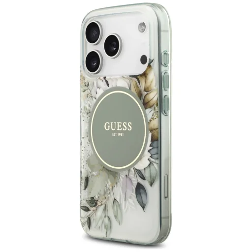  iPhone 18 Pro Max / iPhone 17 Pro Max zöld Guess IML virágmintás, gyöngypántos MagSafe tok - 4