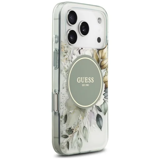  iPhone 18 Pro Max / iPhone 17 Pro Max zöld Guess IML virágmintás, gyöngypántos MagSafe tok - 3