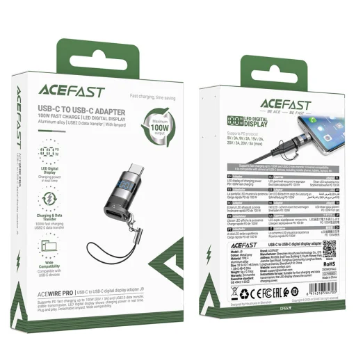  Adapter Acefast (J9) - Digitális kijelzővel, Type-C to USB-C, 480Mbps, 20V/5A, Gyors töltés, adatátvitel - Fém Szürke - 7