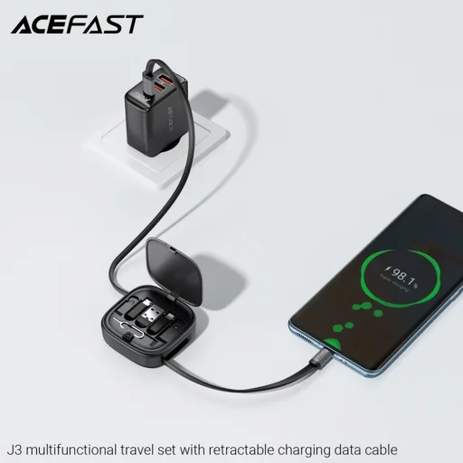 Acefast 2x USB-C, USB, Lightning, Micro-USB, TF Fekete J3 Útikészlet visszahúzható kábellel 60W, 3A, 0.95m Adatkábel - 2