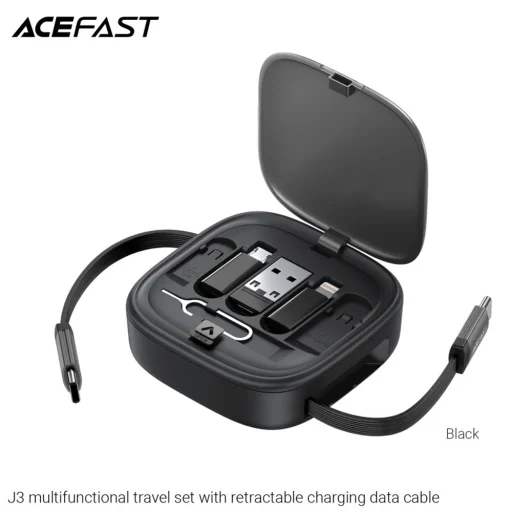Acefast 2x USB-C, USB, Lightning, Micro-USB, TF Fekete J3 Útikészlet visszahúzható kábellel 60W, 3A, 0.95m Adatkábel - 3