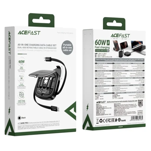Acefast 2x USB-C, USB, Lightning, Micro-USB, TF Fekete J3 Útikészlet visszahúzható kábellel 60W, 3A, 0.95m Adatkábel - 7