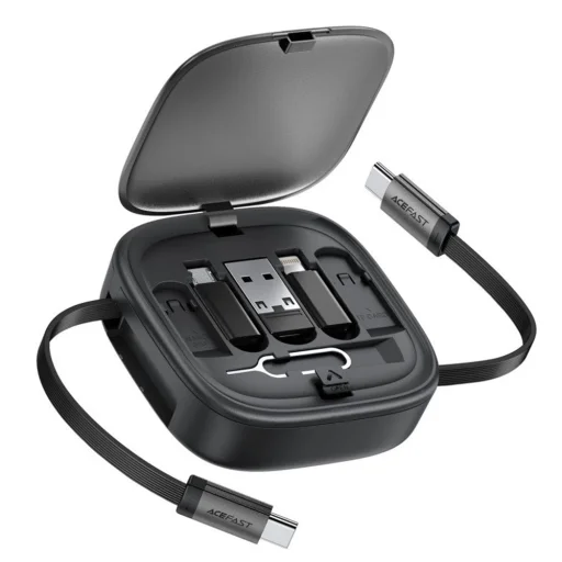 Acefast 2x USB-C, USB, Lightning, Micro-USB, TF Fekete J3 Útikészlet visszahúzható kábellel 60W, 3A, 0.95m Adatkábel - 1