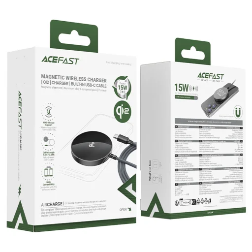 Acefast - Vezeték nélküli mágneses töltő (E24) - MagSafe, Gyors töltés, Qi2, Type-C, 15W, 2.25A, Edzett üveg, 1.2m - Fém szürke - 6