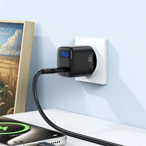 Acefast Fali Töltő (A113) - Digitális Kijelzővel, Gyors Töltés, GaN, Type-C, PD20W - Fekete - 4