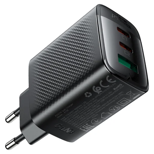 Acefast Falitöltő - GaN, Gyors töltés, 2x Type-C, USB, 67W, 3A, Intelligens chip - Fekete - 2