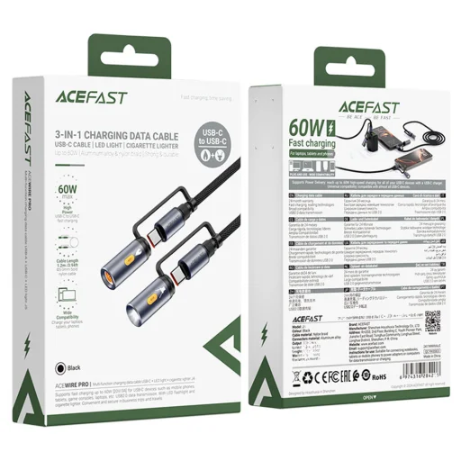 Acefast - Adatkábel (J4) - Multifunkcionális, Gyors töltés, Type-C/LED Fényről Type-C/cigarettagyújtó, 60W, 3A, 1.2m - Fekete - 5