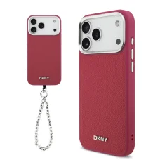 DKNY PU bőr fém logós csuklópántos MagSafe tok iPhone 17 Pro Max-hoz rózsaszín