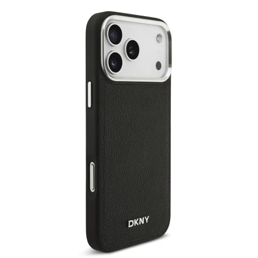 DKNY PU bőrfelbontású fém logós csuklópánt MagSafe tok iPhone 17 Pro Max Fekete tok - 4