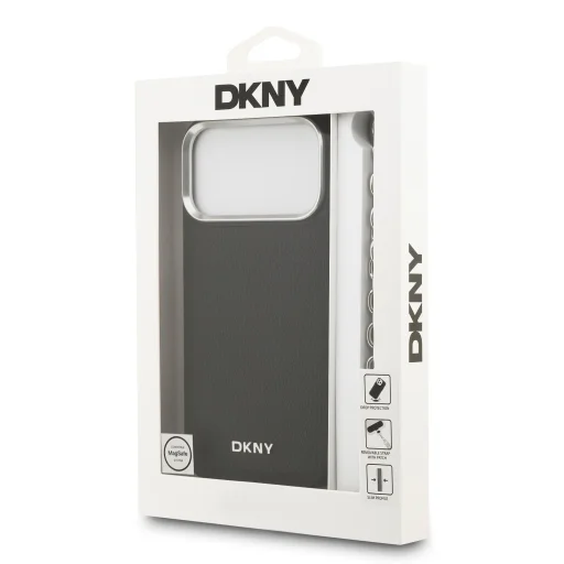 DKNY PU bőrfelbontású fém logós csuklópánt MagSafe tok iPhone 17 Pro Max Fekete tok - 8