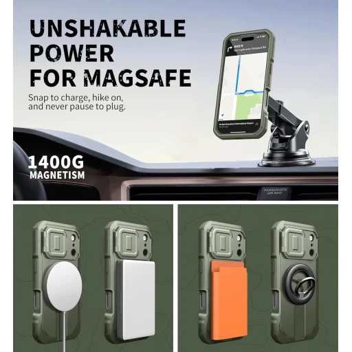 iPhone 17 Pro Dexnor MagSafe 360 ütésálló tok kihajtható állvánnyal és kameravédővel zöld - 4