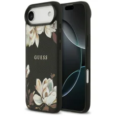 iPhone Air Guess Grained Flowers Classic Logo MagSafe tok fekete