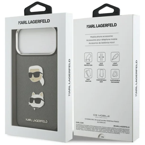 iPhone 17 Pro Max Karl Lagerfeld FW Grained Karl & Choupette Fejek Tűk & Logo Szürke tok - 8