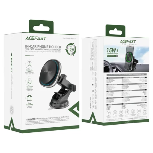 Autós tartó Acefast - Vezeték nélküli töltéssel (D42) - műszerfalhoz, mágneses rögzítés, USB-C, 15W, 4.7 - 6.9" telefonokhoz - Ezüst - 6