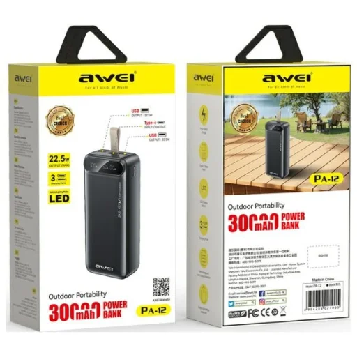 AWEI PowerBank PA-12 30000mAh 22.5W fekete - 2