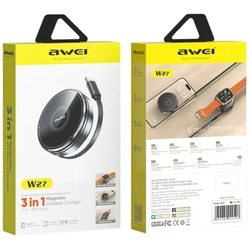 AWEI W27 3 az 1-ben indukciós töltő 15W USB-C kábellel Gyors töltés fekete - 6