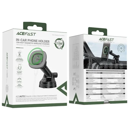 Autó tartó Acefast D47 Vezeték nélküli töltéssel - Műszerfalra, Mágneses Rögzítés, Rögzítő Klip, 15W, 4.7-6.9" Telefonokhoz - Fekete - 5