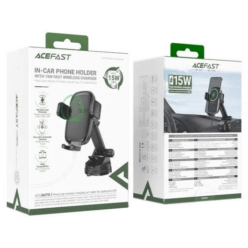 Autós telefontartó Acefast - vezeték nélküli töltéssel (D49) - Műszerfalra, mágneses rögzítés, zárókapcsos, 15W, 4.7-6.9" méretű telefonokhoz - Fekete - 5