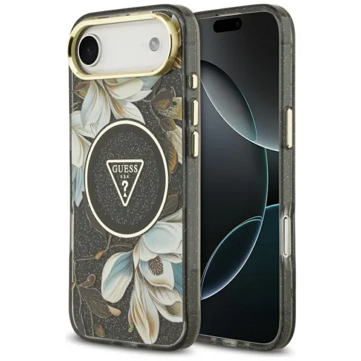 Guess Fliptok Csillám Virágokkal És Háromszög Fém Kamerakerettel És Gombokkal iPhone 17 Air Fekete Tok - 1