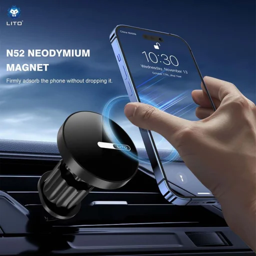Lito - Autós tartó (LT-W05) - Légkondicionáló rácsra, N52 Neodímium mágnessel, 360°-os forgathatósággal, 32 mm széles rögzítő kampóval - Fekete - 3