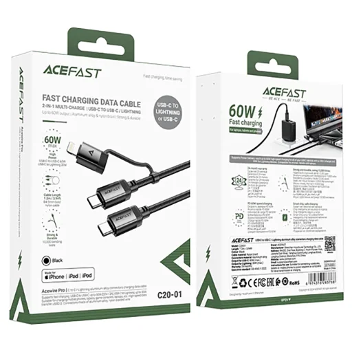  Acefast - Adatkábel (C20-01) - USB-C Type-C-hez, Lightning, 60W, Gyors töltés, Hajlításálló, MFi Tanúsítvánnyal, 1.2m - Fekete - 4