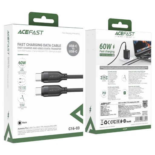  Type-C to Type-C Fekete Acefast C16-03 Adatkábel – Gyors Töltés, 60W, 3A, Hajlításálló, 1.2m - 6