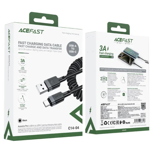  Acefast Adatkábel (C14-04) - Gyors töltés, USB-ről Type-C-re, Rugós kialakítás, 3A, Hajlítással szemben ellenálló, 1.2m - Fekete - 7