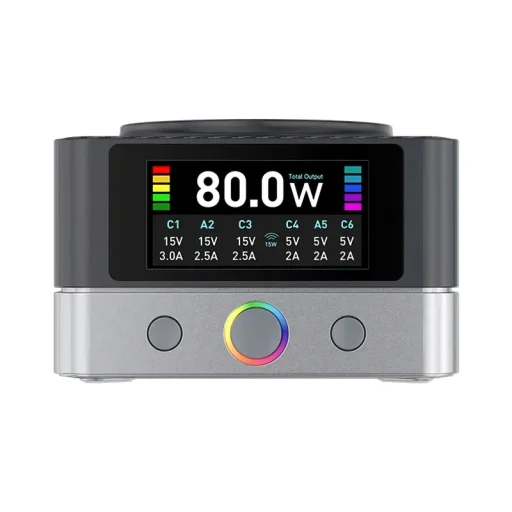 Asztali Töltő Relife Q7 QI, 80W, 3.25A, 2 x USB-A - 4 x USB-C, Szürke - 2